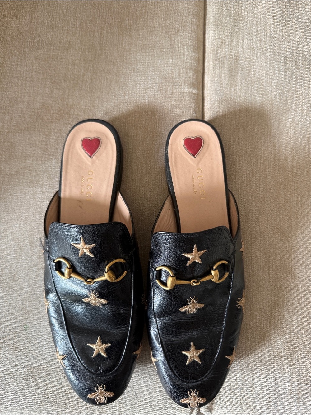 Gucci Black Leather Star & Bee Embroidered Horsebit Mules